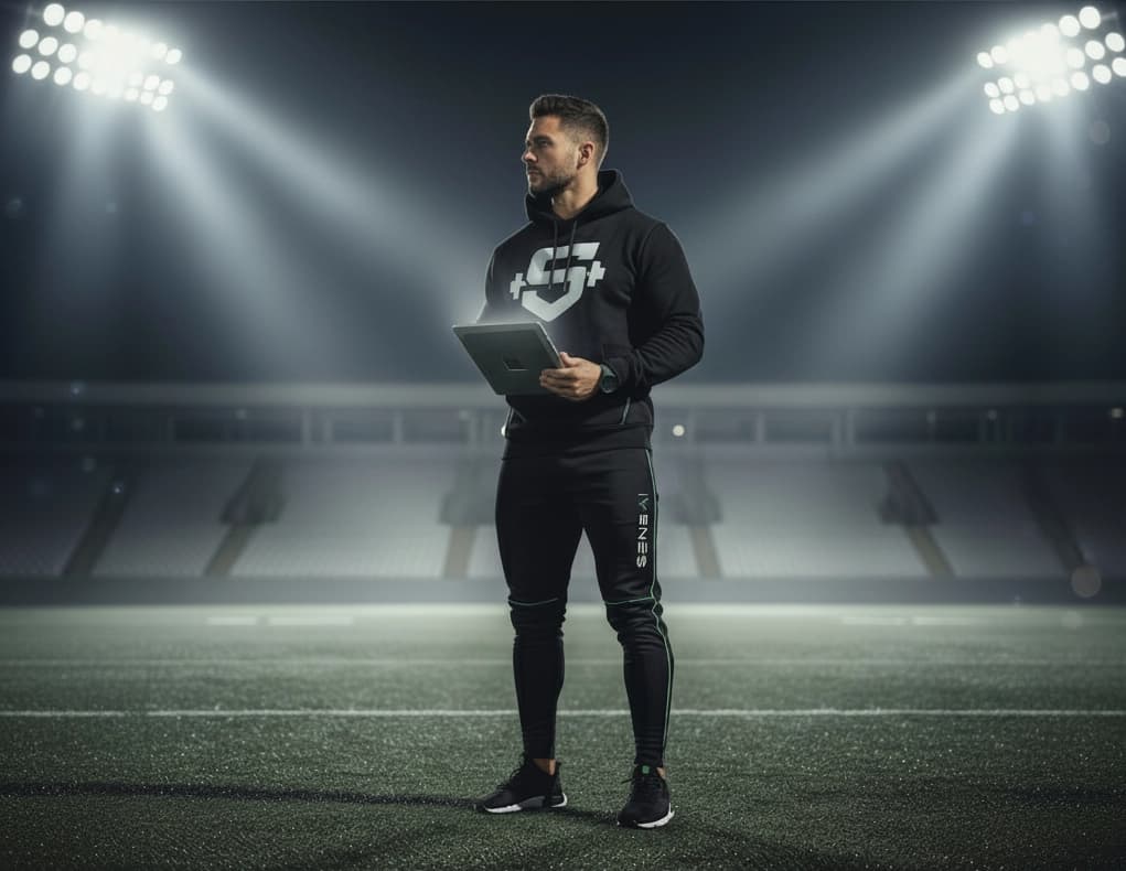 Strength coach with tablet in the weight room